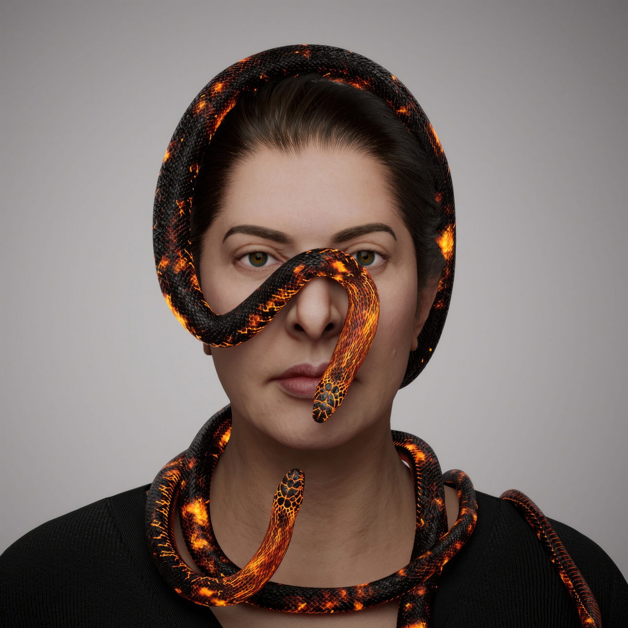Marina Abramović, Portrait with Snakes #25 (2025) avatar performance, powered by TAEX Image courtesy of the artist and TAEX